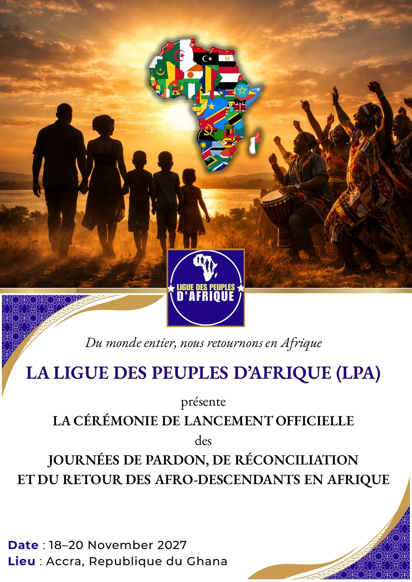Affiche de la cérémonie de lancement des Journées de Pardon, de Réconciliation et du Retour des Afro-descendants en Afrique, Accra, 18 au 20 novembre 2027